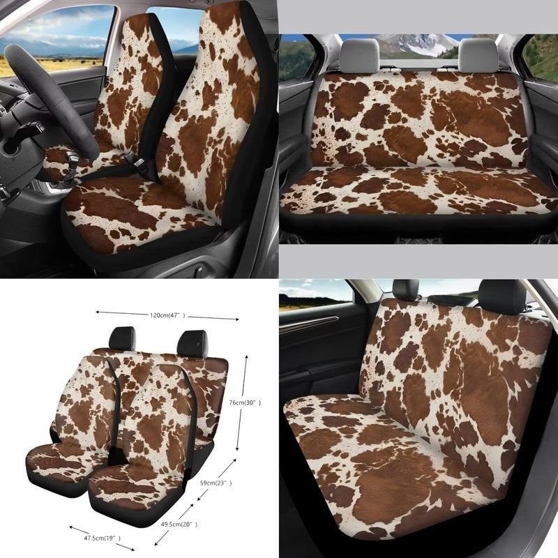 Wanyint Brown Beige Cow Print 15 PCS Car Seat Cover Full Set With Steering Wheel Cover, Seat Belt Pad, Trash Bin, Rear View Mirror Cover, Cup Holders, Keychain, Air Vent Storage Bag, Car Decoration - Image 2